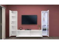 Parete attrezzata Girolamo, Set salotto porta TV a 3 ante, Mobile soggiorno multiuso con vetrina e luce LED, 100% Made in Italy, cm 260x30h180, Bianco lucido