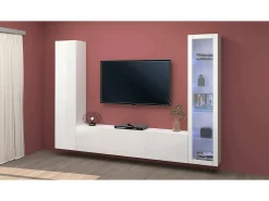 Parete attrezzata Girolamo, Set salotto porta TV a 3 ante, Mobile soggiorno multiuso con vetrina e luce LED, 100% Made in Italy, cm 260x30h180, Bianco lucido