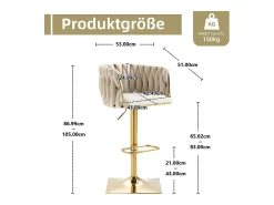 2Pcs Banquetas de bar em veludo - altura ajustável - giratório 360° - com descanso para pés - 53x51x87/105cm - Bege