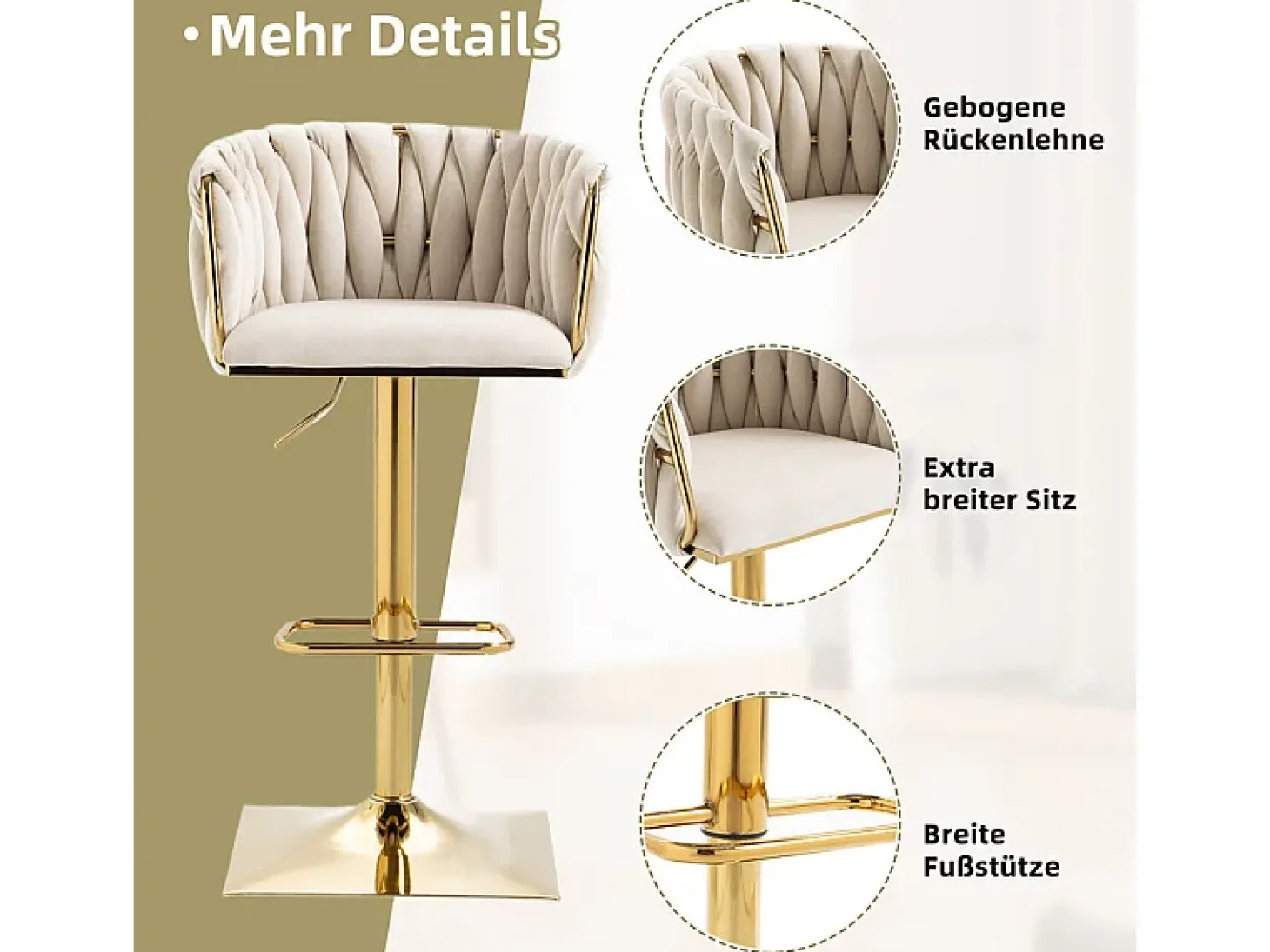 2Pcs Banquetas de bar em veludo - altura ajustável - giratório 360° - com descanso para pés - 53x51x87/105cm - Bege
