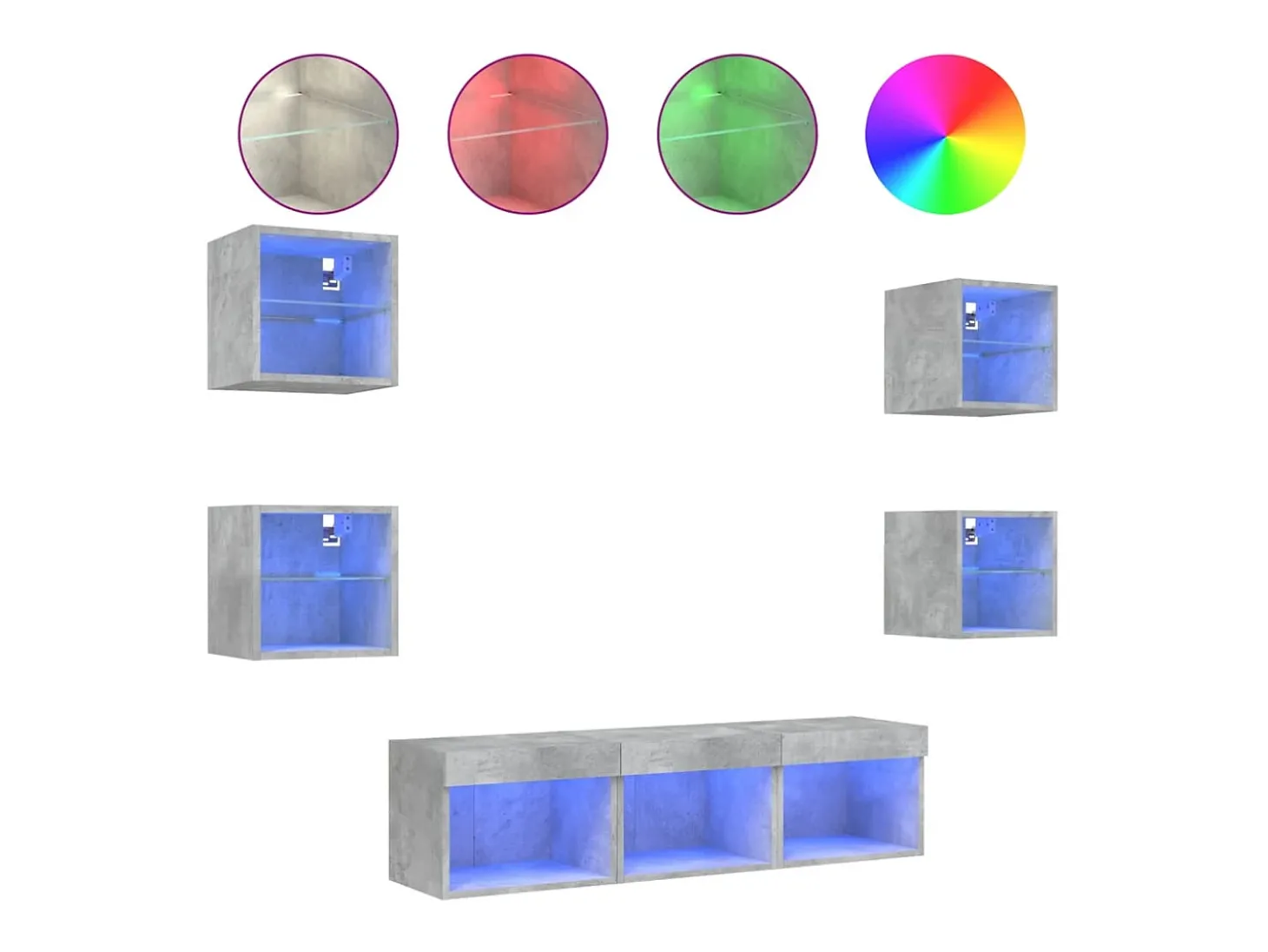 7pcs móveis parede p/ TV c/ LEDs deriv. madeira cinza cimento PT515811