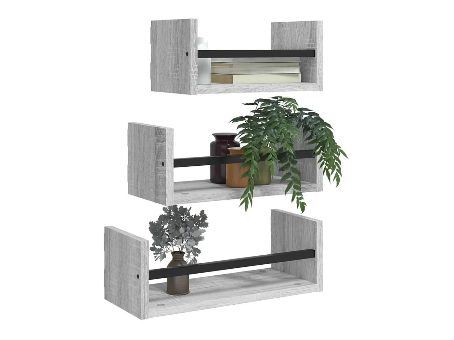 3pcs prateleiras parede c/ barras deriv. madeira cinza sonoma PT660218