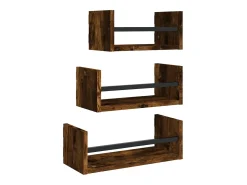 3pcs prateleiras parede c/ barras deriv.madeira carvalho fumado