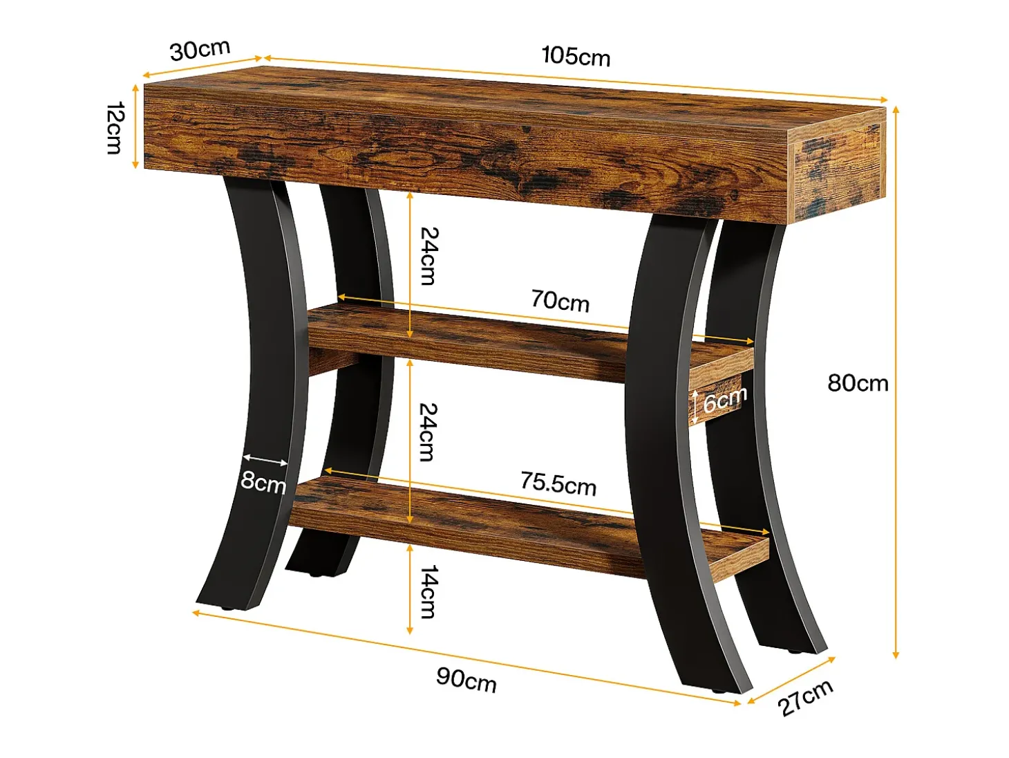 Pequena mesa de apoio de 105 cm para o hall, mesa de sofá rústica com 3 níveis