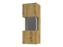 Pequena vitrine suspensa com 1 porta parcialmente envidraçada da coleção EVA. Cor carvalho e preto.