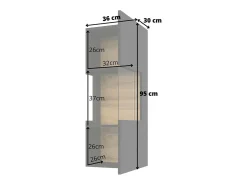 Pequena vitrine suspensa com 1 porta parcialmente envidraçada da coleção EVA. Cor preta e carvalho.