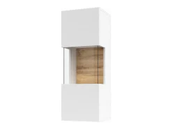 Pequena vitrine suspensa com 1 porta parcialmente envidraçada da coleção EVA. Cor branca e carvalho.