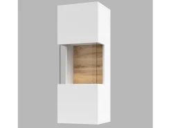 Pequena vitrine suspensa com 1 porta parcialmente envidraçada da coleção EVA. Cor branca e carvalho.