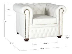 Poltrona Chester monoplace revestida em couro natural com acabamento branco