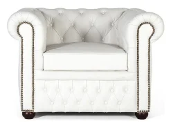 Poltrona Chester monoplace revestida em couro natural com acabamento branco