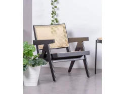 Poltrona clássica com braços em madeira de teca e rattan natural - Compass - Preto