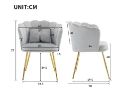 Poltrona com encosto em forma de pétalas, almofadas em forma de borboleta, veludo, cinza