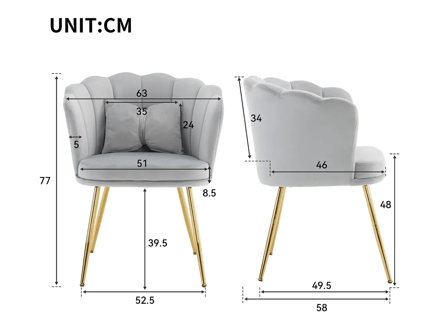 Poltrona com encosto em forma de pétalas, almofadas em forma de borboleta, veludo, cinza