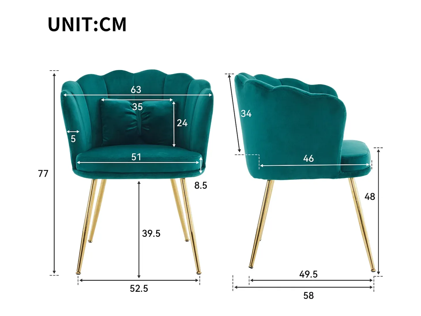 Poltrona com encosto em forma de pétalas, almofadas em forma de borboleta, veludo, Verde