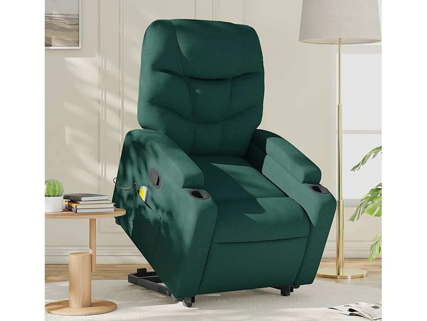 Poltrona Confortável | Poltrona reclinável elevatória de massagens tecido verde-escuro SHL46462