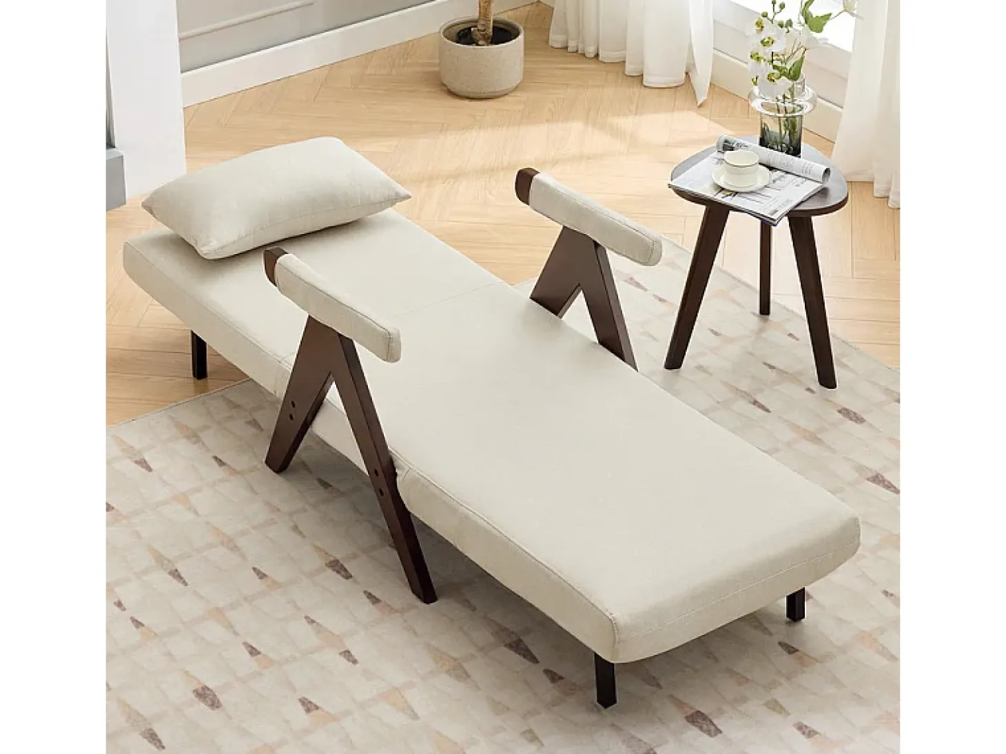 Poltrona conversível em linho bege - com almofada - encosto ajustável em 6 níveis - superfície de dormir 184x56 cm