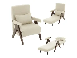 Poltrona conversível em linho bege - com almofada - encosto ajustável em 6 níveis - superfície de dormir 184x56 cm