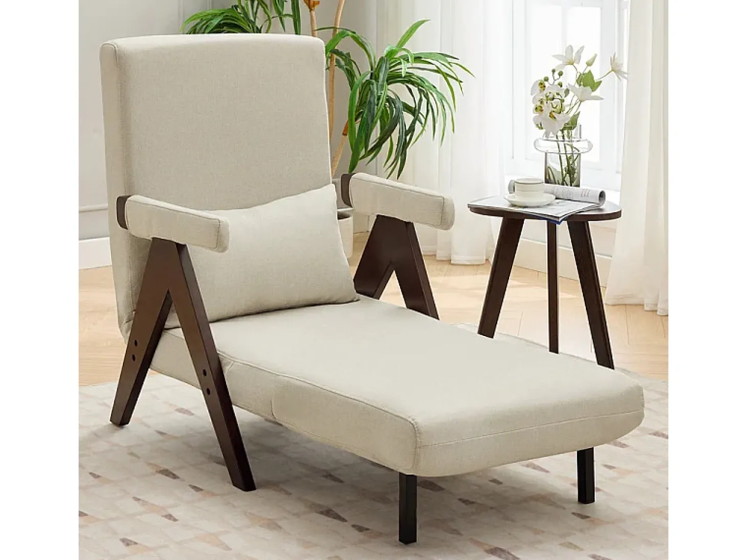 Poltrona conversível em linho bege - com almofada - encosto ajustável em 6 níveis - superfície de dormir 184x56 cm