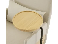Poltrona conversível em linho bege, com bandeja de madeira e almofada, encosto ajustável, superfície de dormir 180x62 cm