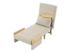 Poltrona conversível em linho bege, com bandeja de madeira e almofada, encosto ajustável, superfície de dormir 180x62 cm