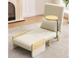 Poltrona conversível em linho bege, com bandeja de madeira e almofada, encosto ajustável, superfície de dormir 180x62 cm