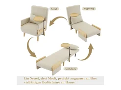 Poltrona conversível em linho bege, com bandeja de madeira e almofada, encosto ajustável, superfície de dormir 180x62 cm