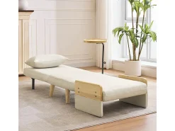 Poltrona conversível em linho bege, com bandeja de madeira e almofada, encosto ajustável, superfície de dormir 180x62 cm