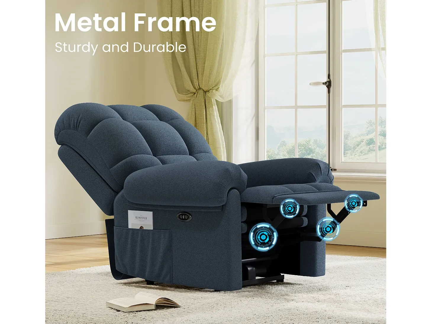 Poltrona de relaxamento elétrico com apoio de pé e USB, veludo de pelúcia, cadeira de lazer ajustável, anti-estática, 96x97x104cm, Azul
