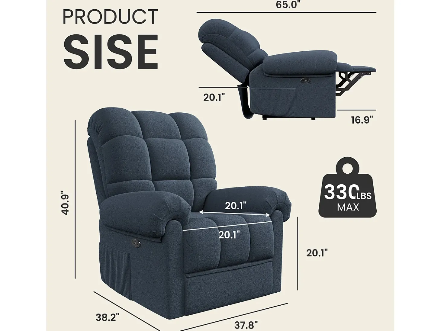 Poltrona de relaxamento elétrico com apoio de pé e USB, veludo de pelúcia, cadeira de lazer ajustável, anti-estática, 96x97x104cm, Azul