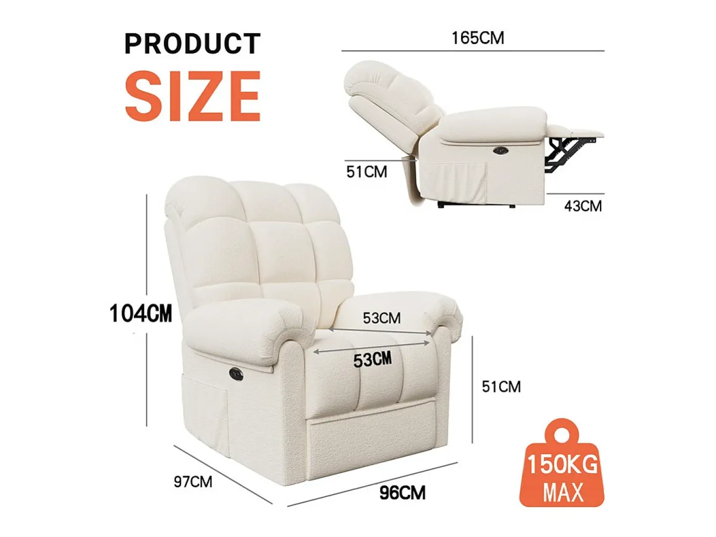 Poltrona de relaxamento elétrico com apoio de pé e USB, veludo de pelúcia, cadeira de lazer ajustável, anti-estática, 96x97x104cm, Bege