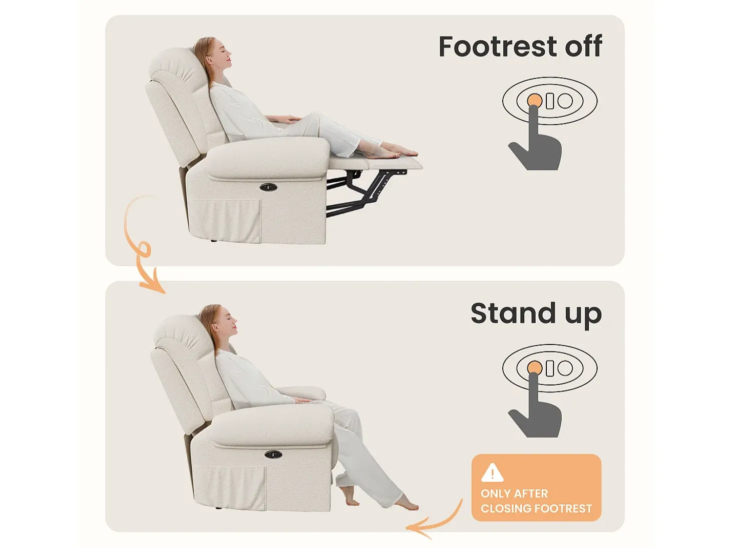 Poltrona de relaxamento elétrico com apoio de pé e USB, veludo de pelúcia, cadeira de lazer ajustável, anti-estática, 96x97x104cm, Bege