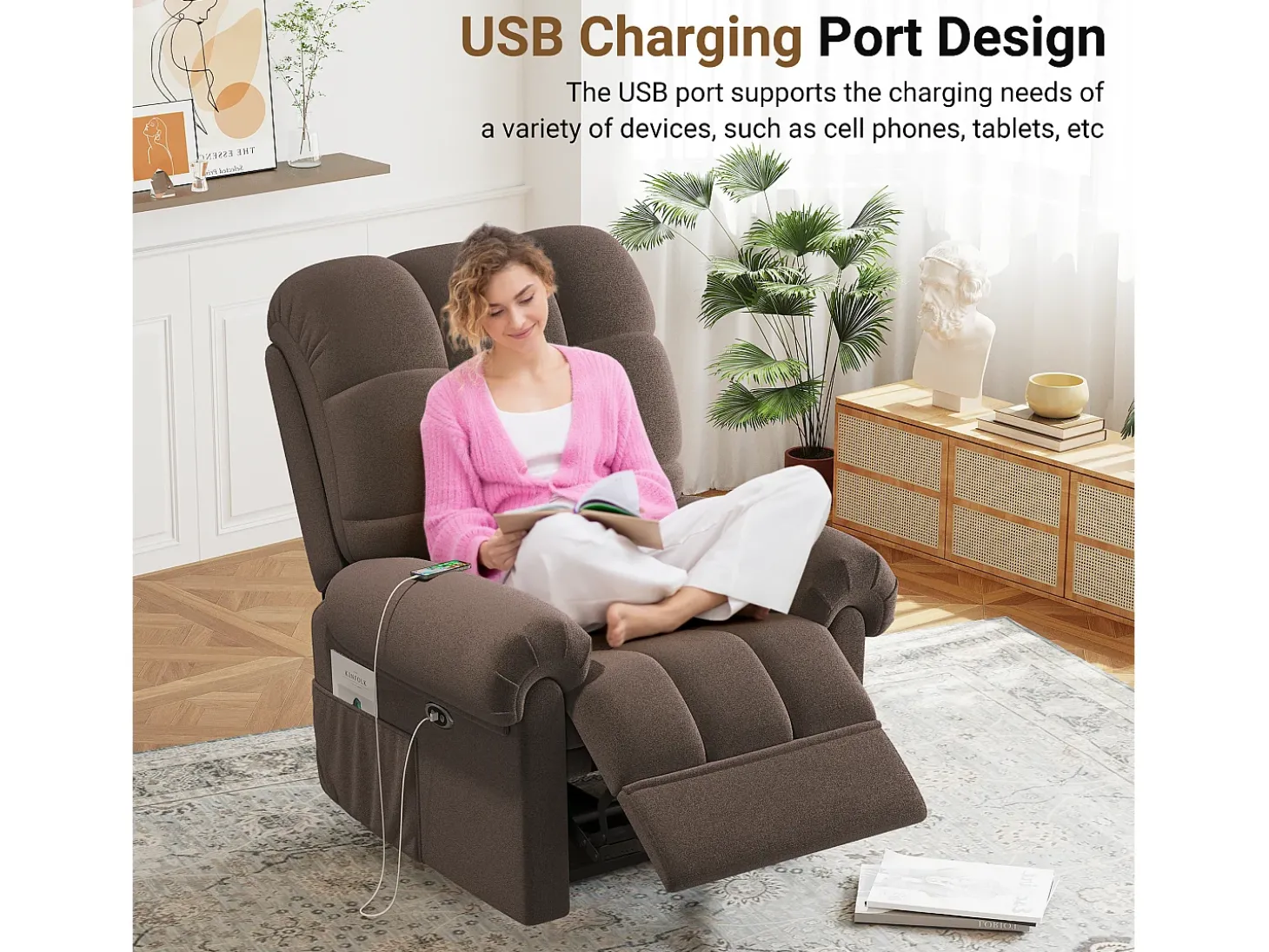 Poltrona de relaxamento elétrico com apoio de pé e USB, veludo de pelúcia, cadeira de lazer ajustável, anti-estática, 96x97x104cm, Brown