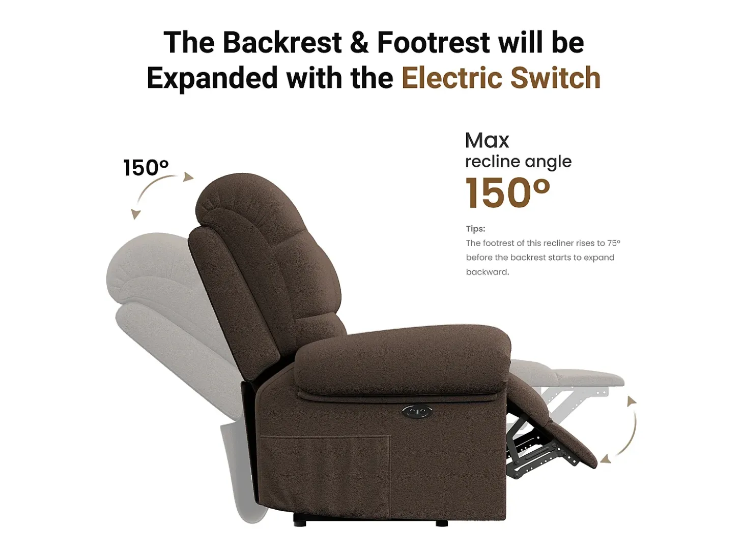 Poltrona de relaxamento elétrico com apoio de pé e USB, veludo de pelúcia, cadeira de lazer ajustável, anti-estática, 96x97x104cm, Brown