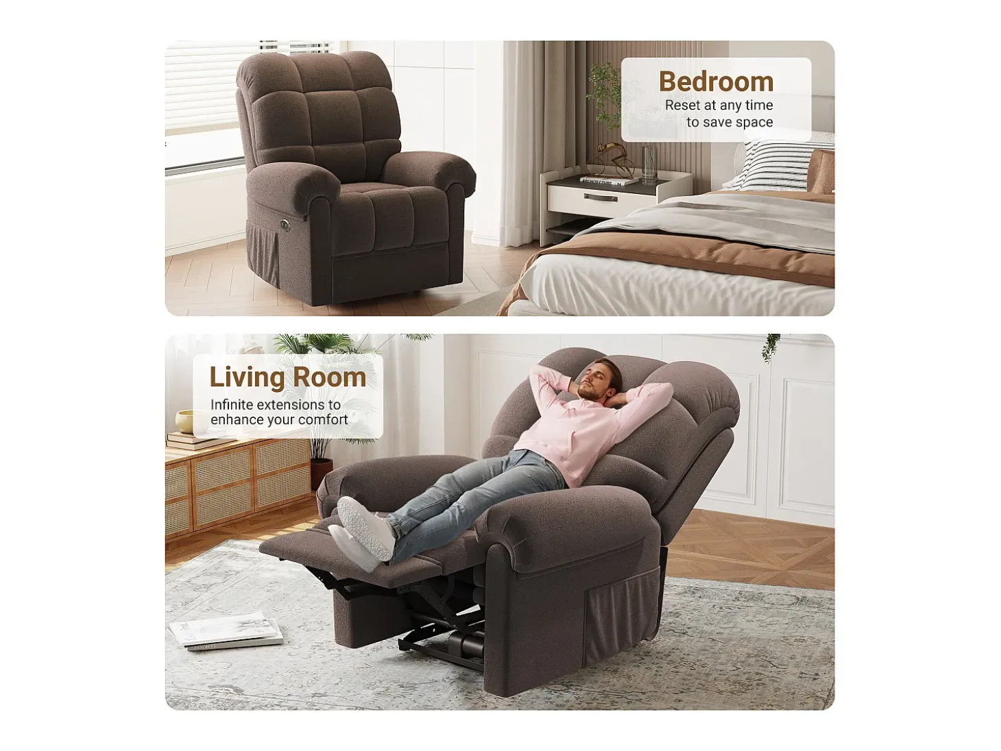 Poltrona de relaxamento elétrico com apoio de pé e USB, veludo de pelúcia, cadeira de lazer ajustável, anti-estática, 96x97x104cm, Brown