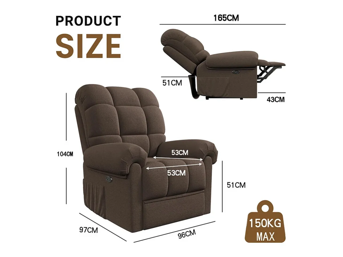 Poltrona de relaxamento elétrico com apoio de pé e USB, veludo de pelúcia, cadeira de lazer ajustável, anti-estática, 96x97x104cm, Brown