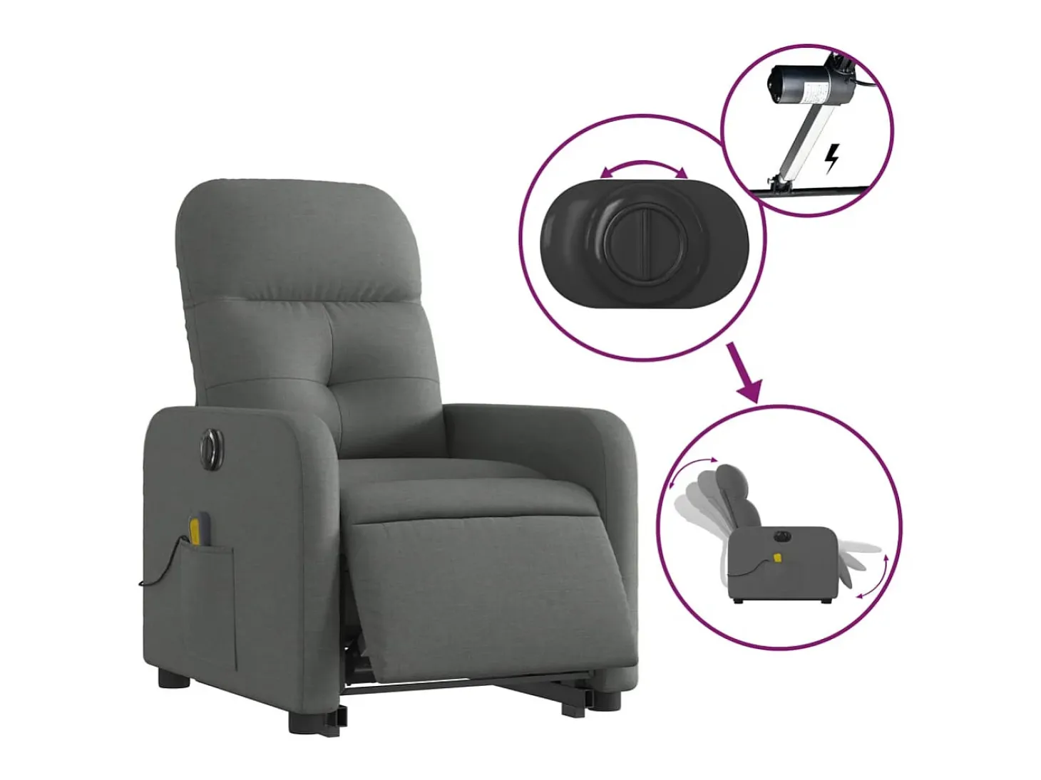 Poltrona elétrica elevatória massagens tecido cinzento-escuro SHL706744