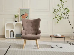 Poltrona em tecido taupe capitonê, estilo escandinavo VATELY