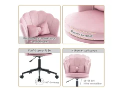 Poltrona giratória com altura regulável - Encosto em forma de pétala - 55 x 42 x 73-83 cm - Veludo - Rosa