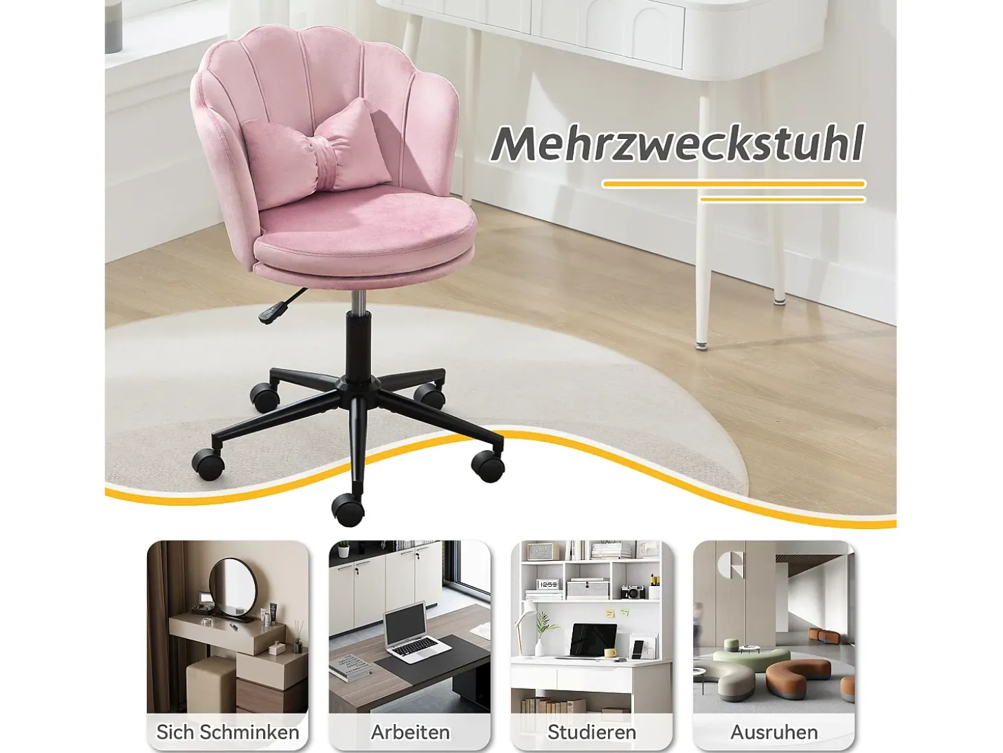 Poltrona giratória com altura regulável - Encosto em forma de pétala - 55 x 42 x 73-83 cm - Veludo - Rosa