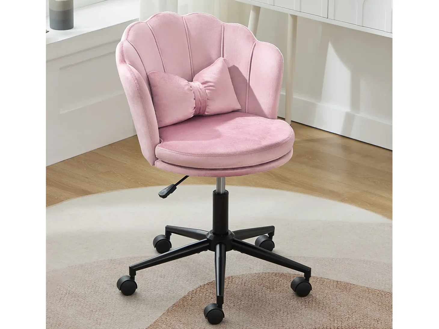 Poltrona giratória com altura regulável - Encosto em forma de pétala - 55 x 42 x 73-83 cm - Veludo - Rosa