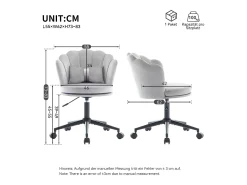 Poltrona giratória com altura regulável - Encosto em forma de pétala - 55 x 42 x 73-83 cm - Veludo - Cinza