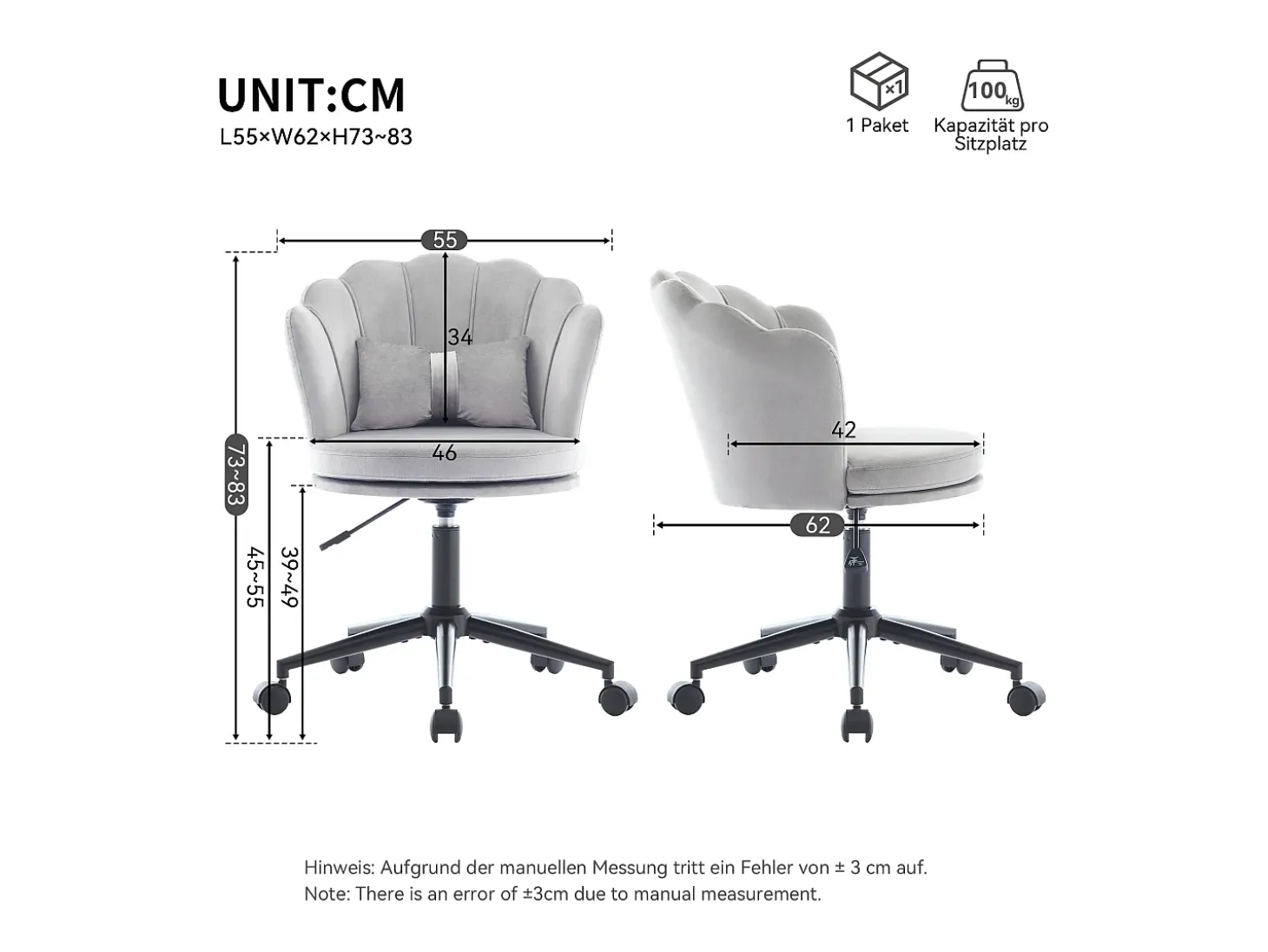 Poltrona giratória com altura regulável - Encosto em forma de pétala - 55 x 42 x 73-83 cm - Veludo - Cinza