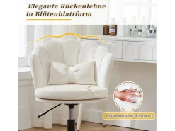 Poltrona giratória com altura regulável - Encosto em forma de pétala - 55 x 42 x 73-83 cm - Veludo - Bege