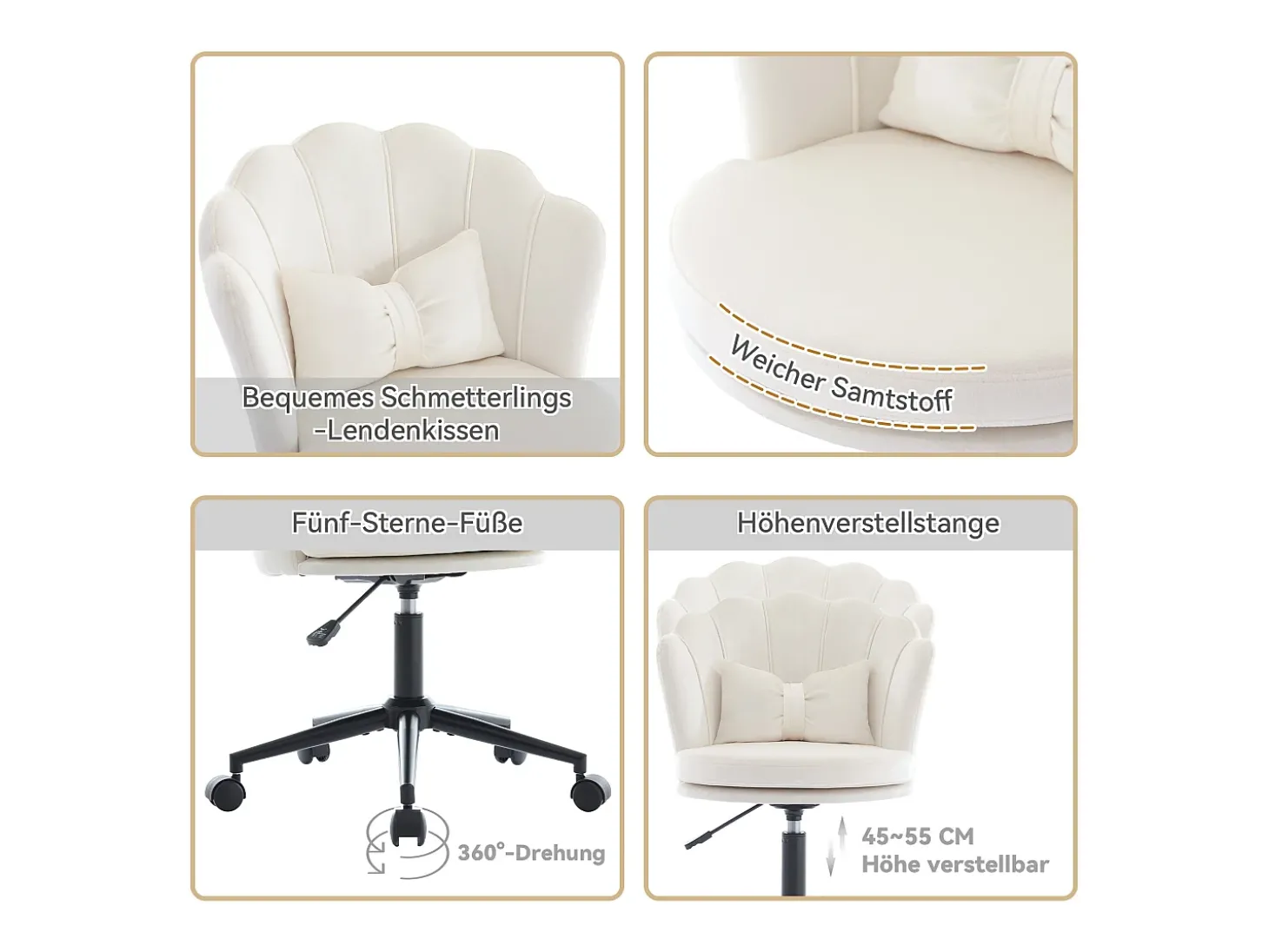 Poltrona giratória com altura regulável - Encosto em forma de pétala - 55 x 42 x 73-83 cm - Veludo - Bege
