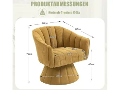 Poltrona giratória moderna 360° - 70 x 66 x 72 cm - com assento e encosto ergonômicos + apoios de braço - veludo - Amarela