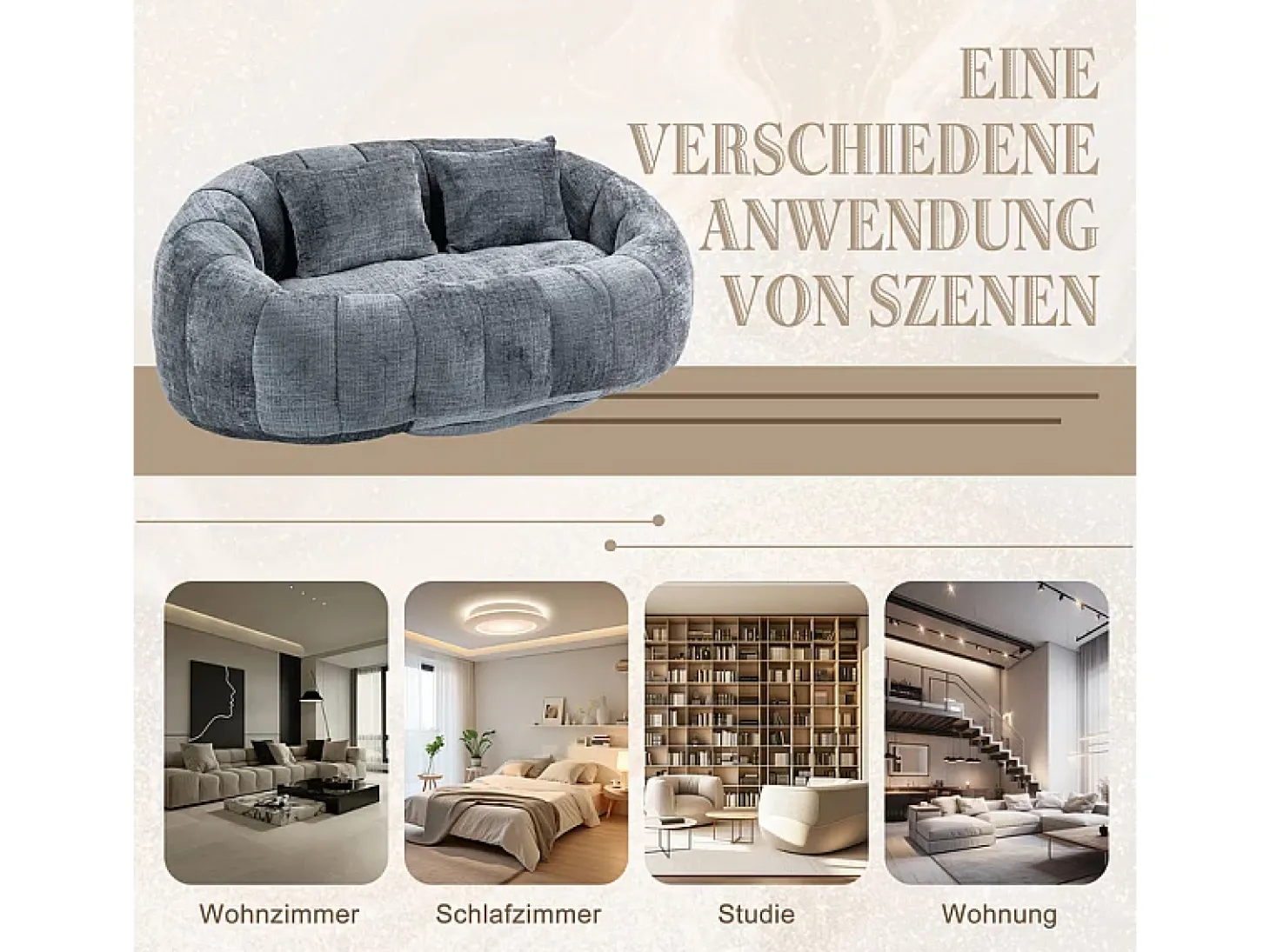 Poltrona Preguiçosa de Chenille - 2 Lugares - com 2 Almofadas - 62cm Profundidade do Assento - Carga Máx. 250kg - Cinza