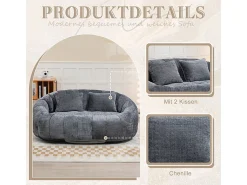 Poltrona Preguiçosa de Chenille - 2 Lugares - com 2 Almofadas - 62cm Profundidade do Assento - Carga Máx. 250kg - Cinza