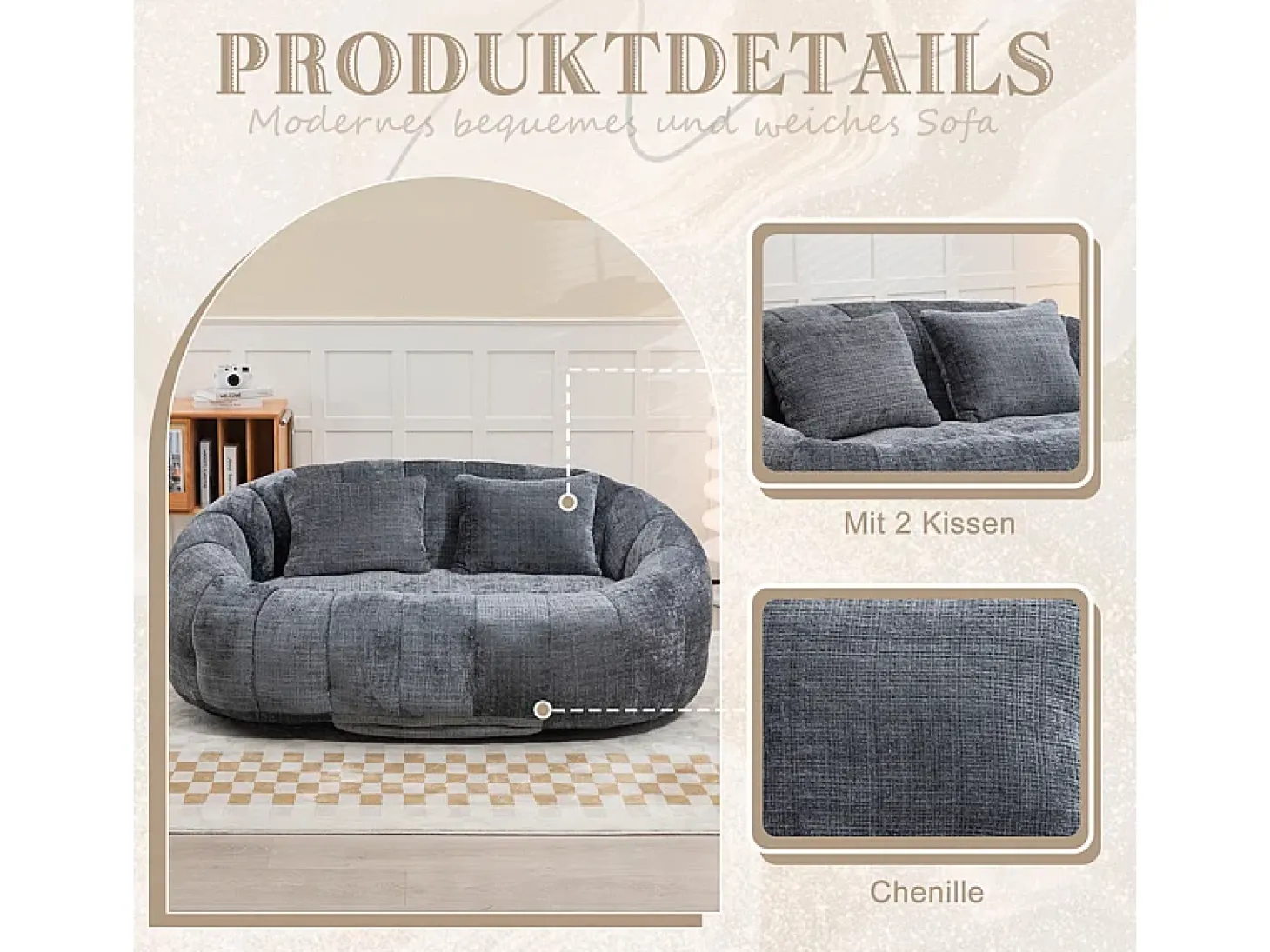 Poltrona Preguiçosa de Chenille - 2 Lugares - com 2 Almofadas - 62cm Profundidade do Assento - Carga Máx. 250kg - Cinza