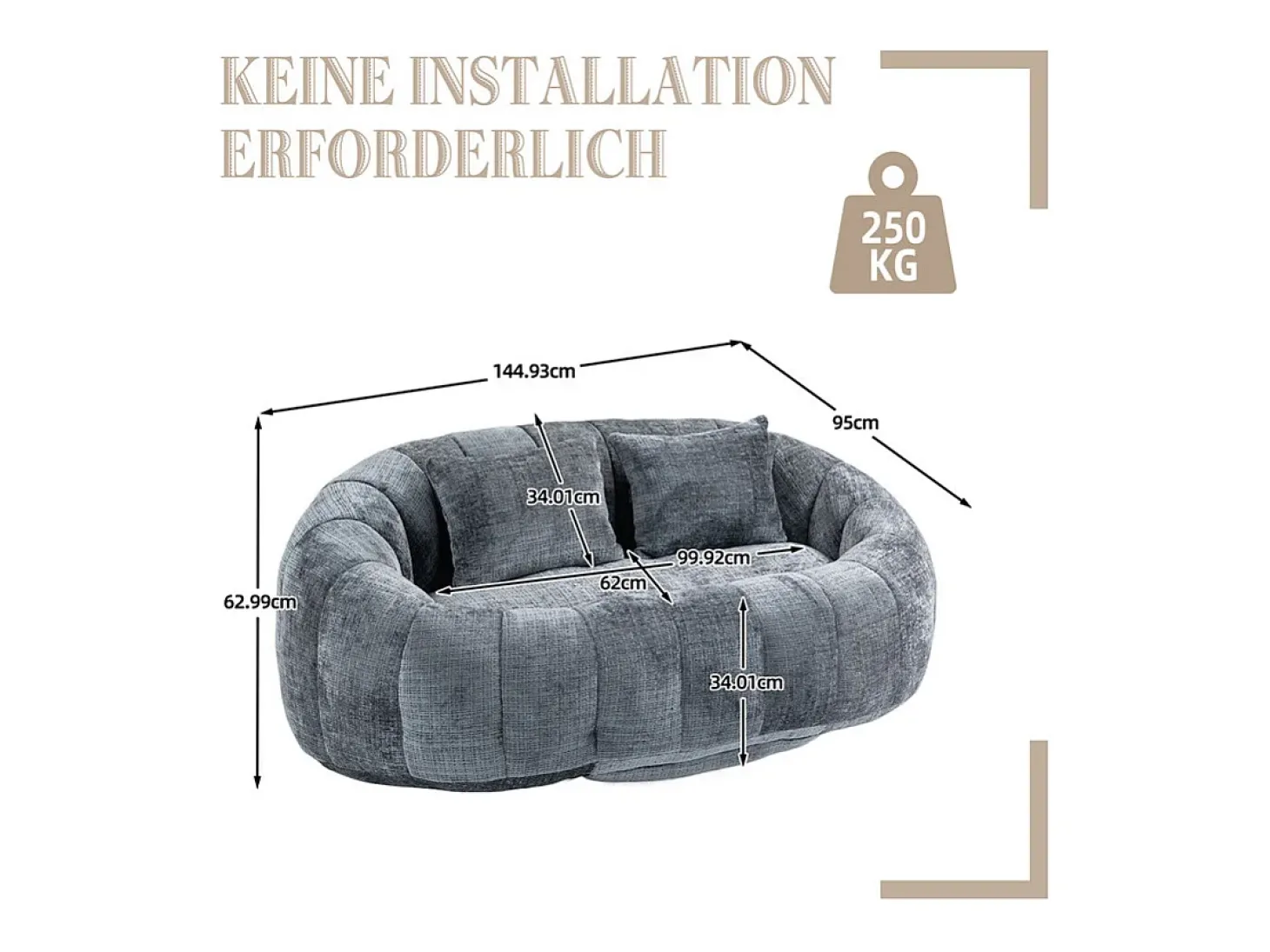 Poltrona Preguiçosa de Chenille - 2 Lugares - com 2 Almofadas - 62cm Profundidade do Assento - Carga Máx. 250kg - Cinza