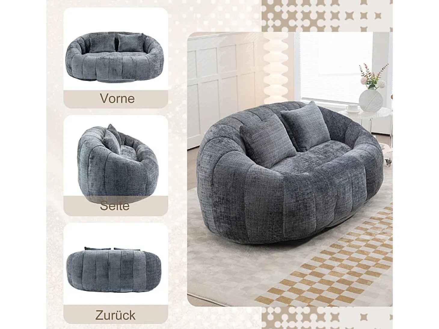 Poltrona Preguiçosa de Chenille - 2 Lugares - com 2 Almofadas - 62cm Profundidade do Assento - Carga Máx. 250kg - Cinza